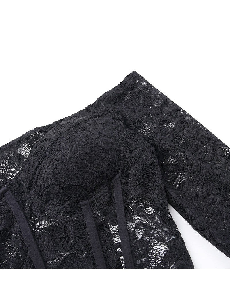 See through Push up Off Shoulder Lace Waist Full Sleeves Top