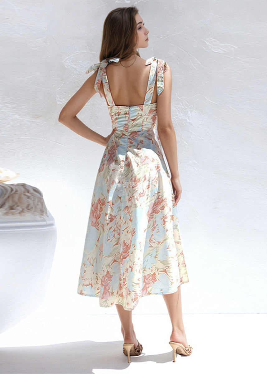 Aquarelle Dress – Soft Blue Floral Tie-Shoulder Midi