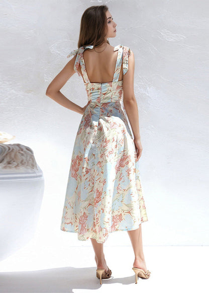 Aquarelle Dress – Soft Blue Floral Tie-Shoulder Midi