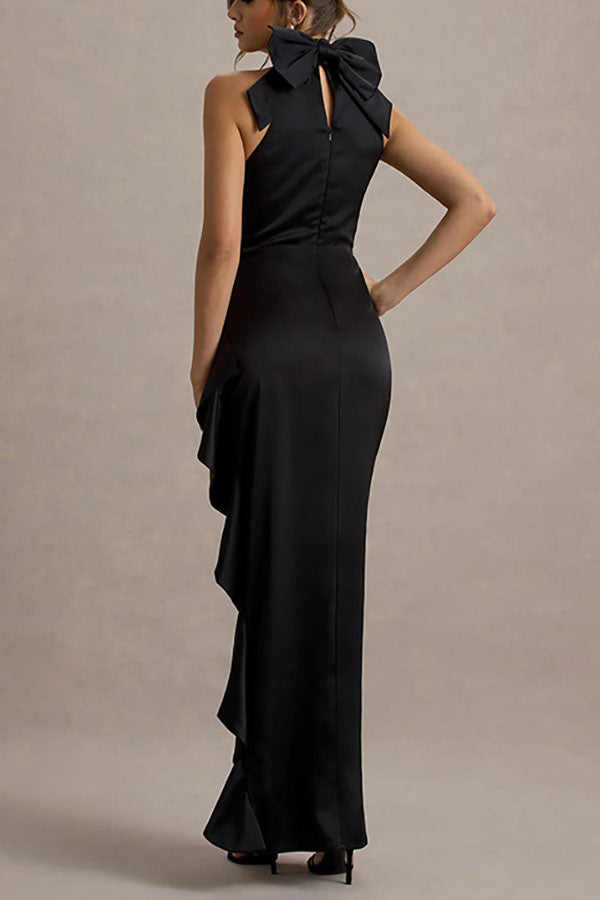 Maureen Satin High Neck Ruched Ruffle Slit Draped Maxi Dress