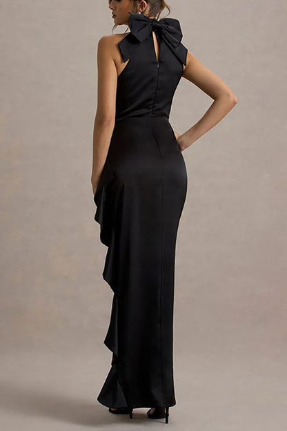 Maureen Satin High Neck Ruched Ruffle Slit Draped Maxi Dress