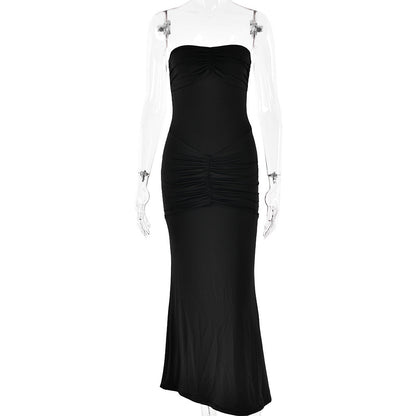 Tight Tube Top Backless Pleated Solid Color Dress Evening Dress