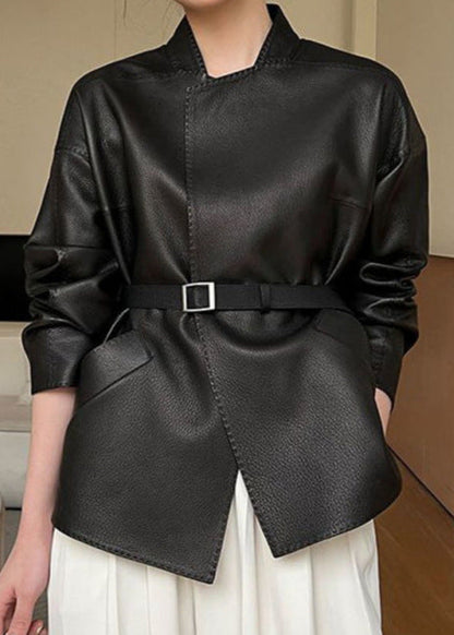 Raven Belted Faux Leather Jacket – Minimalist Wrap Design