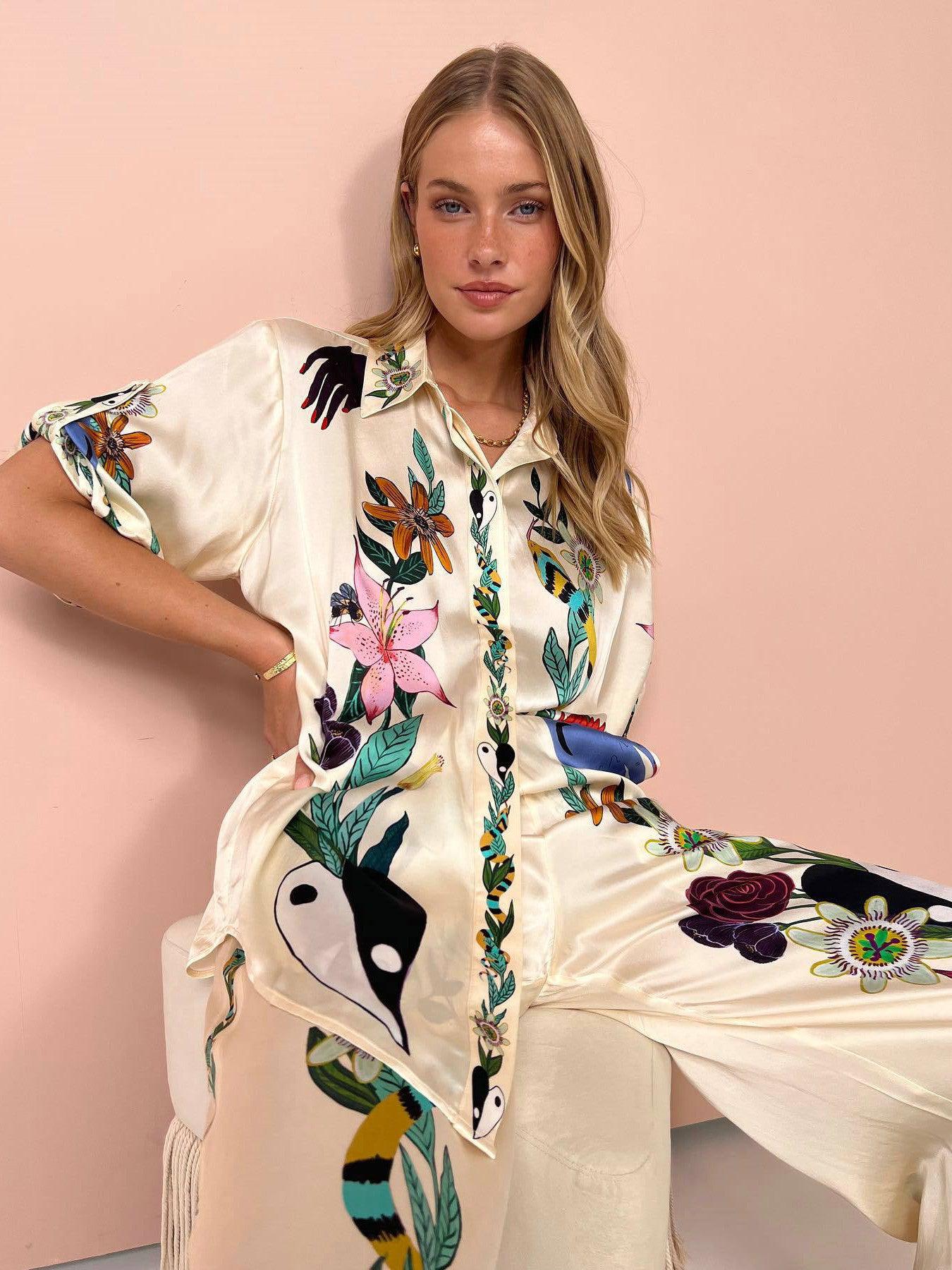 Graffiti Print Satin Short Sleeve Shirt & Pant Coord Set