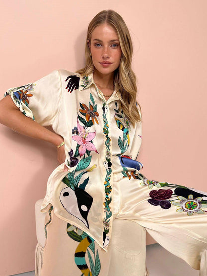 Graffiti Print Satin Short Sleeve Shirt & Pant Coord Set