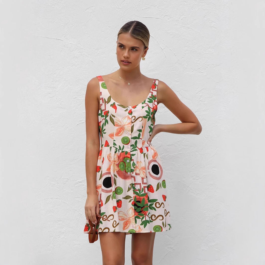 Fruit Print Scoop Neck Button Front Fit and Flare Mini Dress