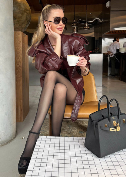 Valencia Jacket – Cropped Faux Leather Belted Moto in Wine Red