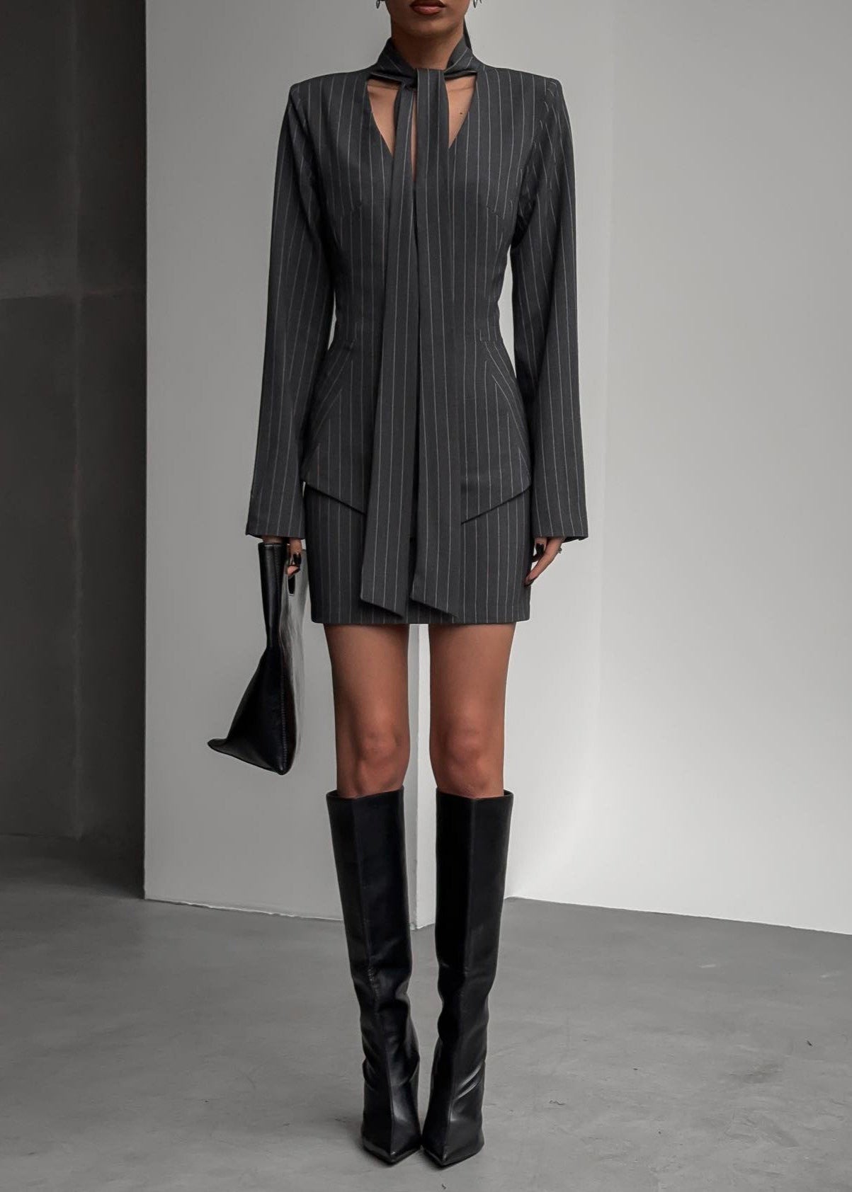 Power Pinstripe Blazer Set – Skirt & Tie Detail