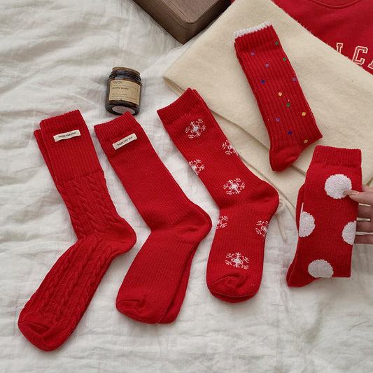 Red Polka Dot Snowflake Fluffy Slouch Socks