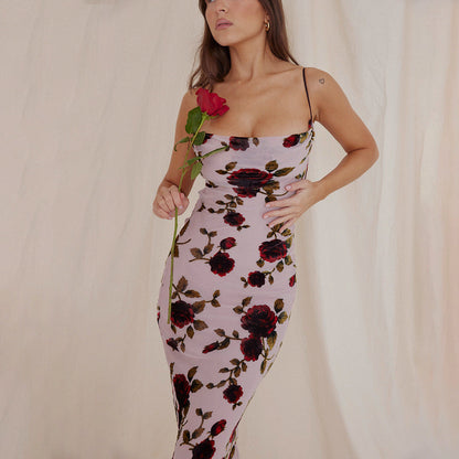 Floral Print Spaghetti Strap Lace-Up Back Open Back Maxi Dress
