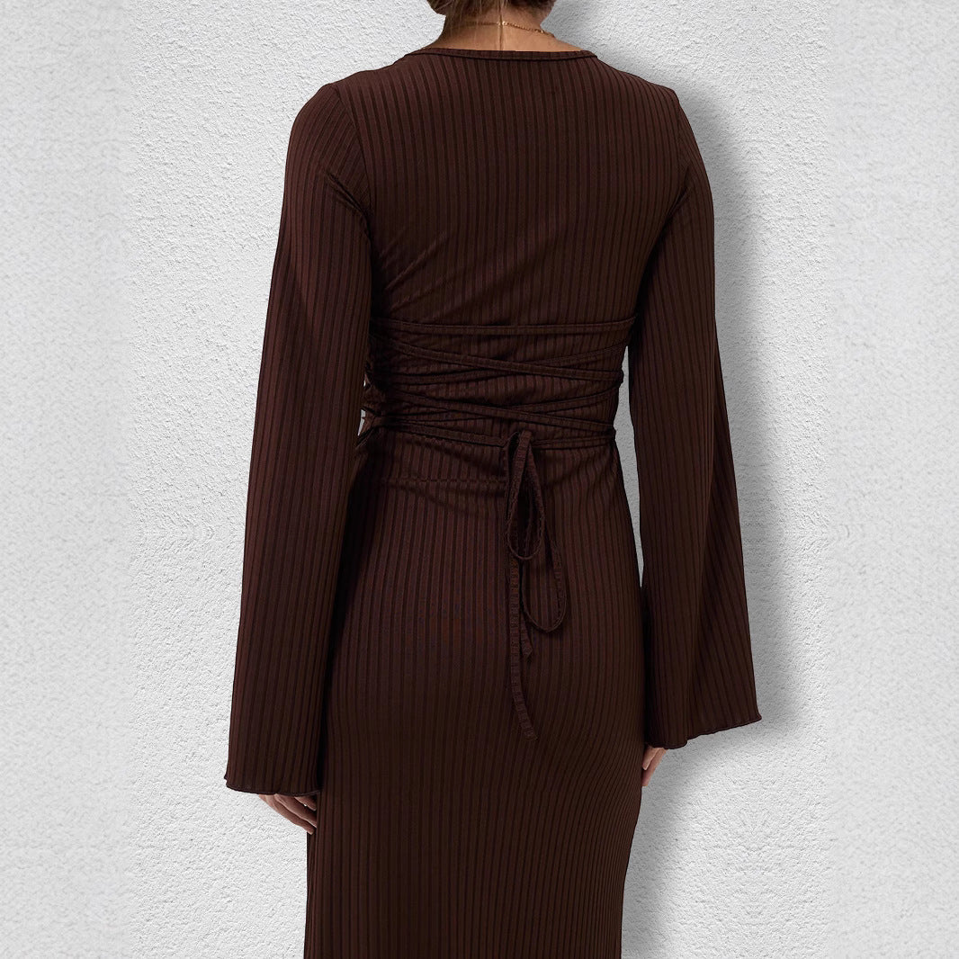 Scoop Neck Vertical Rib Knit Flared Bell Sleeve Column Maxi Dress