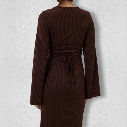 Scoop Neck Vertical Rib Knit Flared Bell Sleeve Column Maxi Dress