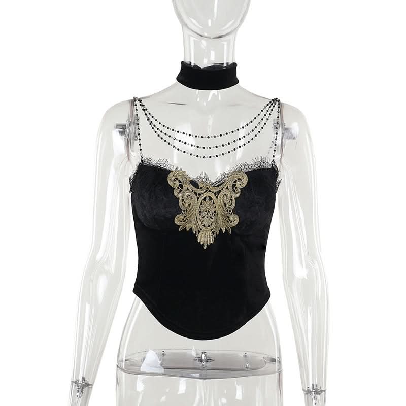 Velvet beaded lace hem cami top
