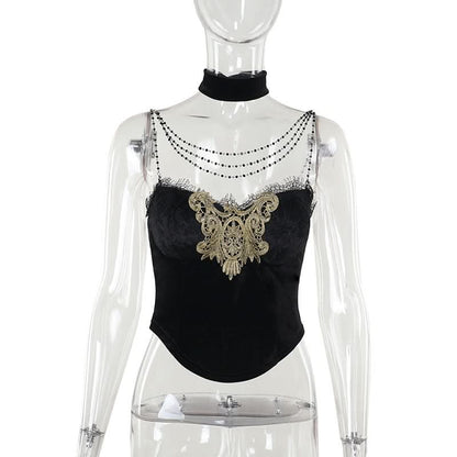 Velvet beaded lace hem cami top