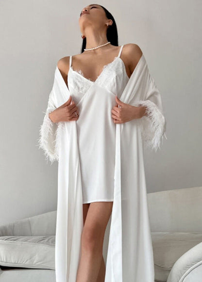 Feather-Trim Satin Robe and Nightgown Set