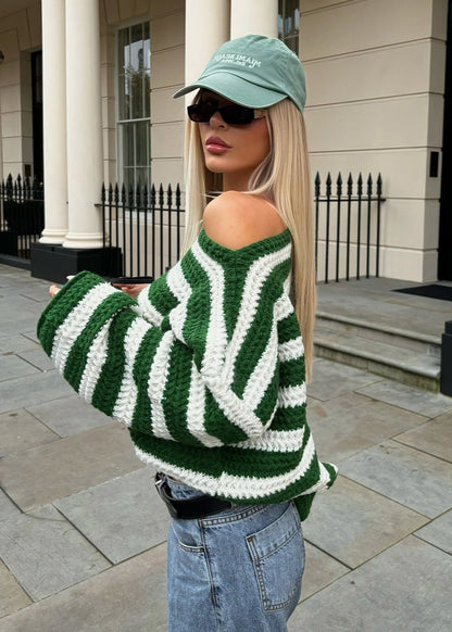 Striped Off-Shoulder Knit Sweater
