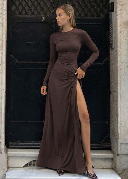 Chocolate High-Slit Maxi Dress
