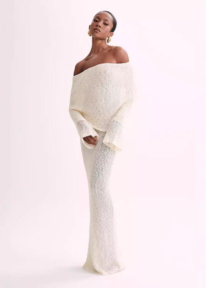 Lumière - Off-Shoulder Shimmer Knit Maxi Dress