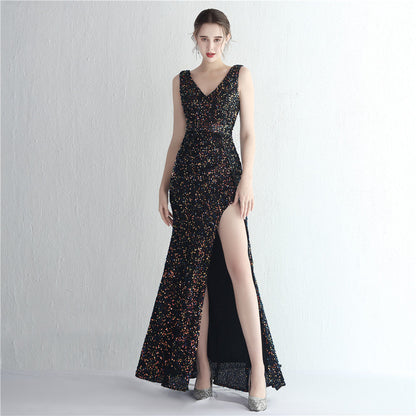 Sequin Deep V-Neck Wide Strap Ruched Waist High Split Mermaid Maxi Gown