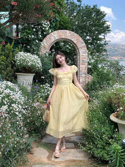 French Square Neck Ruffled Short-Sleeve Yellow Dress