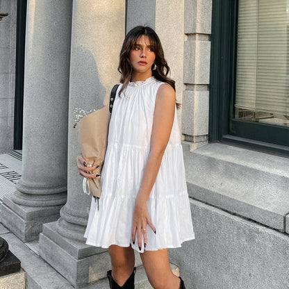 All Match White Elegant Dress round Neck Bow Lace up Elegant Loose Short