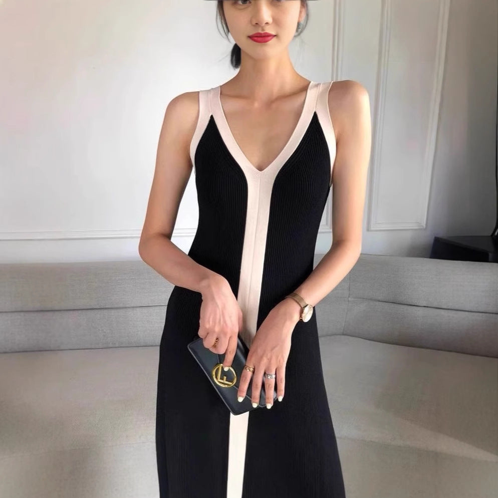 Contrast Trim Deep V Tank Strap Knit Maxi Dress