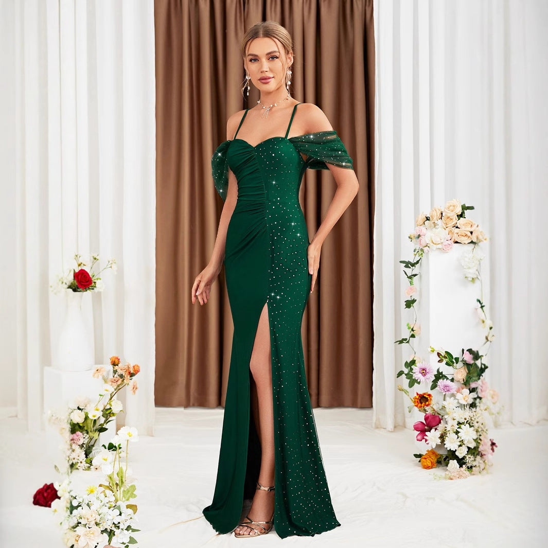 Off-Shoulder Sweetheart Ruched Mesh Insert High Slit Mermaid Gown
