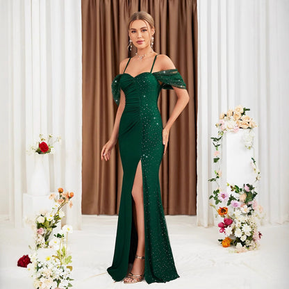 Off-Shoulder Sweetheart Ruched Mesh Insert High Slit Mermaid Gown