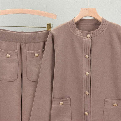 Khaki – Cardigan Top & Wide-Leg Pants Two Piece Set