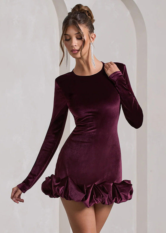 Velvet Ruffle Hem Long Sleeve Mini Dress