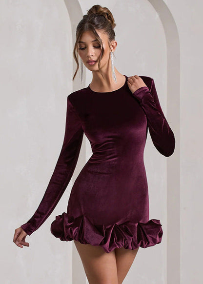 Velvet Ruffle Hem Long Sleeve Mini Dress