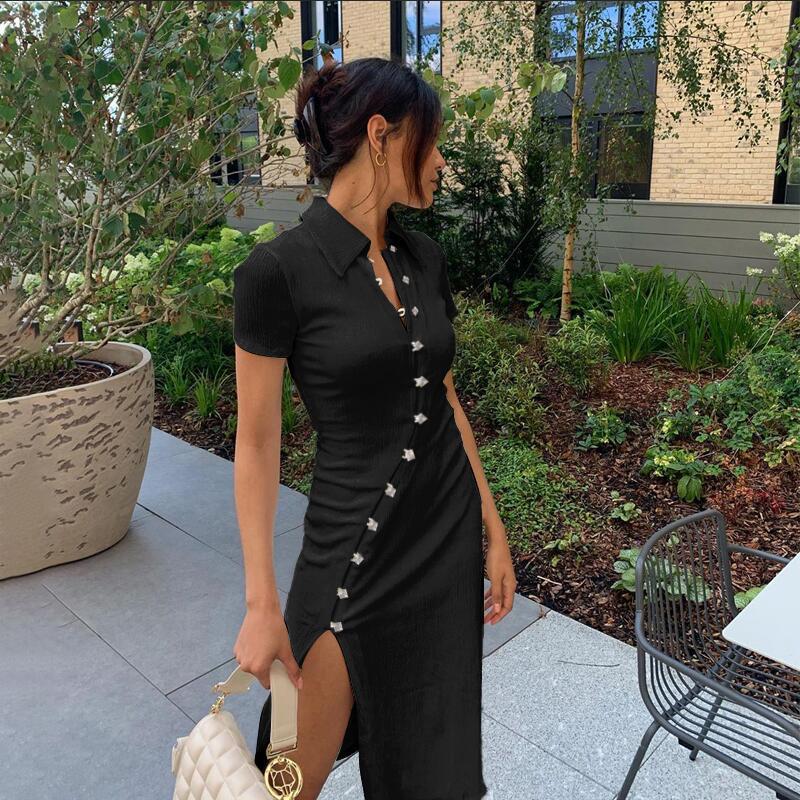 Polo Collar Flower Button Diagonal Placket Ribbed Knit Side Slit Midi Dress