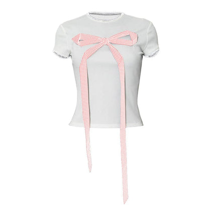 Crew neck short sleeve lace hem bowknot top