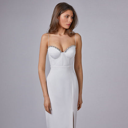 Rhinestone Trim Sweetheart Spaghetti Strap Corset High Slit Midi Dress