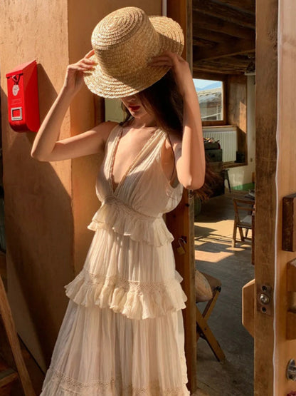 French Soft Ruffle Tiered Maxi Dress Elegant Cotton Linen Vacation Gown for Summer gunne sax vintage dress