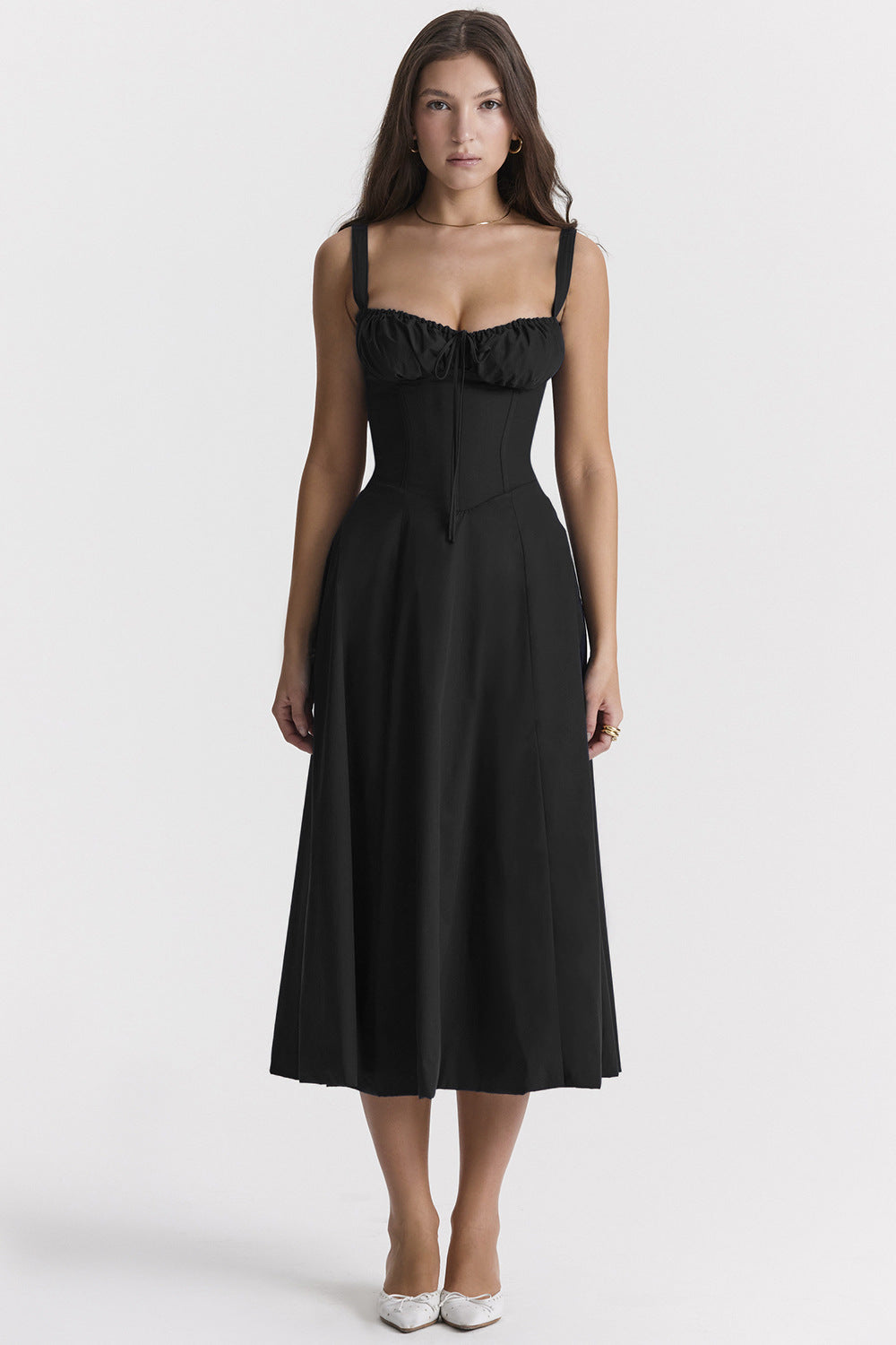 Floral Lace Up Back Spaghetti Strap Corset Fit and Flare Midi Dress