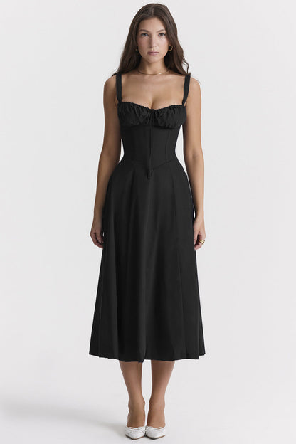 Floral Lace Up Back Spaghetti Strap Corset Fit and Flare Midi Dress