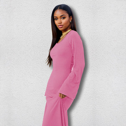 Scoop Neck Vertical Rib Knit Flared Bell Sleeve Column Maxi Dress