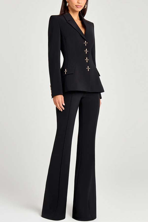 Women Power Metal Cross Snap Button Long Sleeve Lapel Blazer