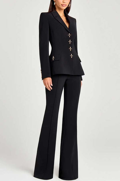 Women Power Metal Cross Snap Button Long Sleeve Lapel Blazer