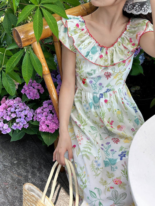 Blush Sunset Floral Dress Off-Shoulder Ruched Tea Party Midi