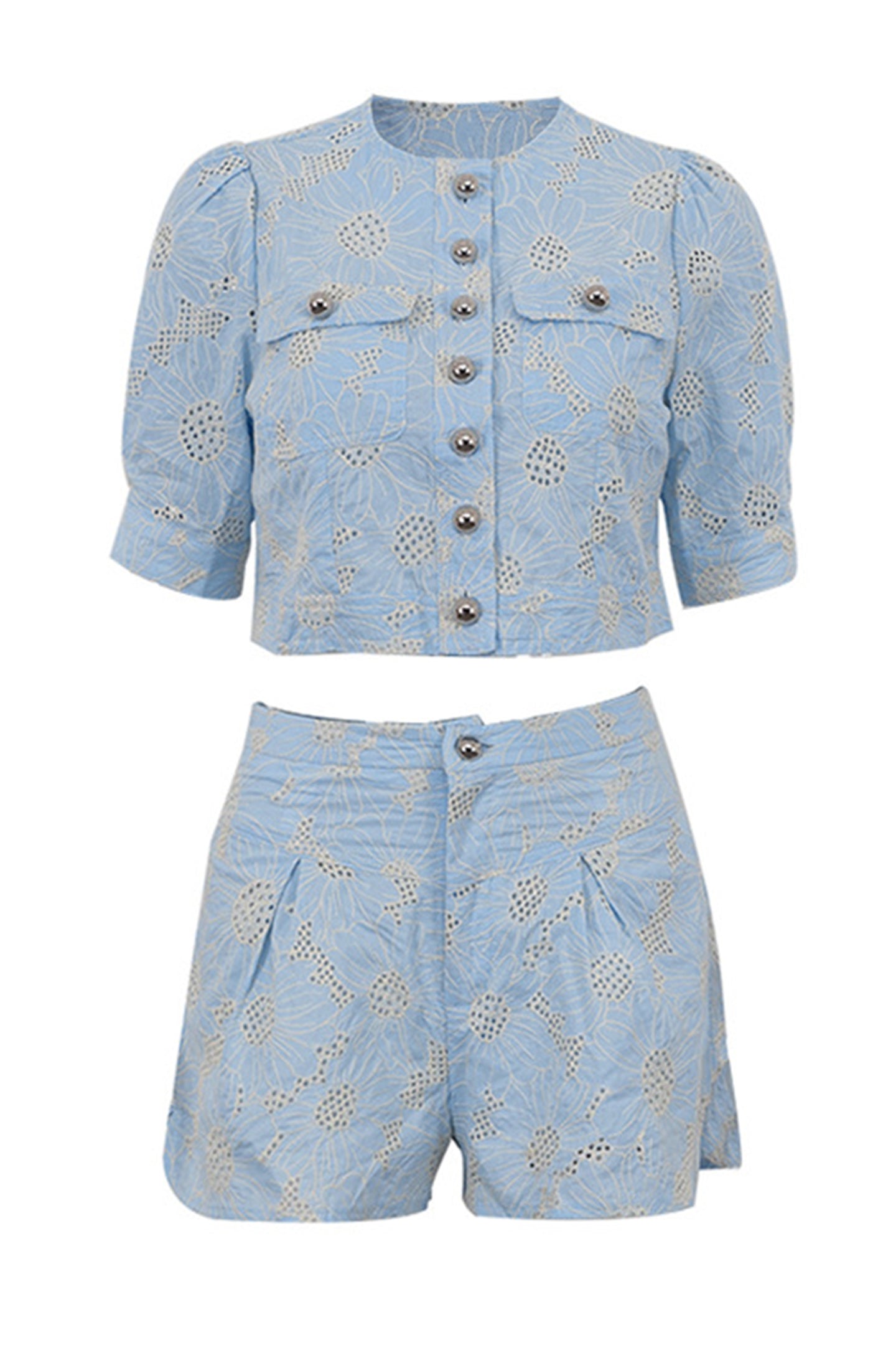 Joyce Floral Embroidered Blouse & Shorts Set