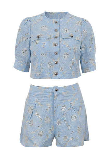 Joyce Floral Embroidered Blouse & Shorts Set