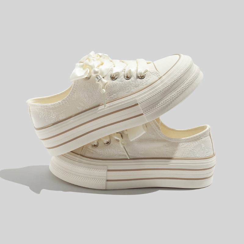 Women's Beige Platform Sneakers With Elegant Satin Lacing