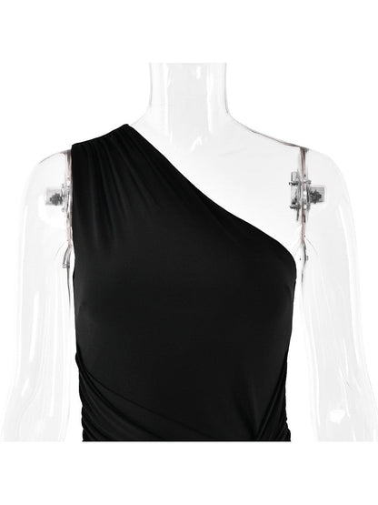 One Shoulder Sleeveless High Slit Buckle Maxi Dress