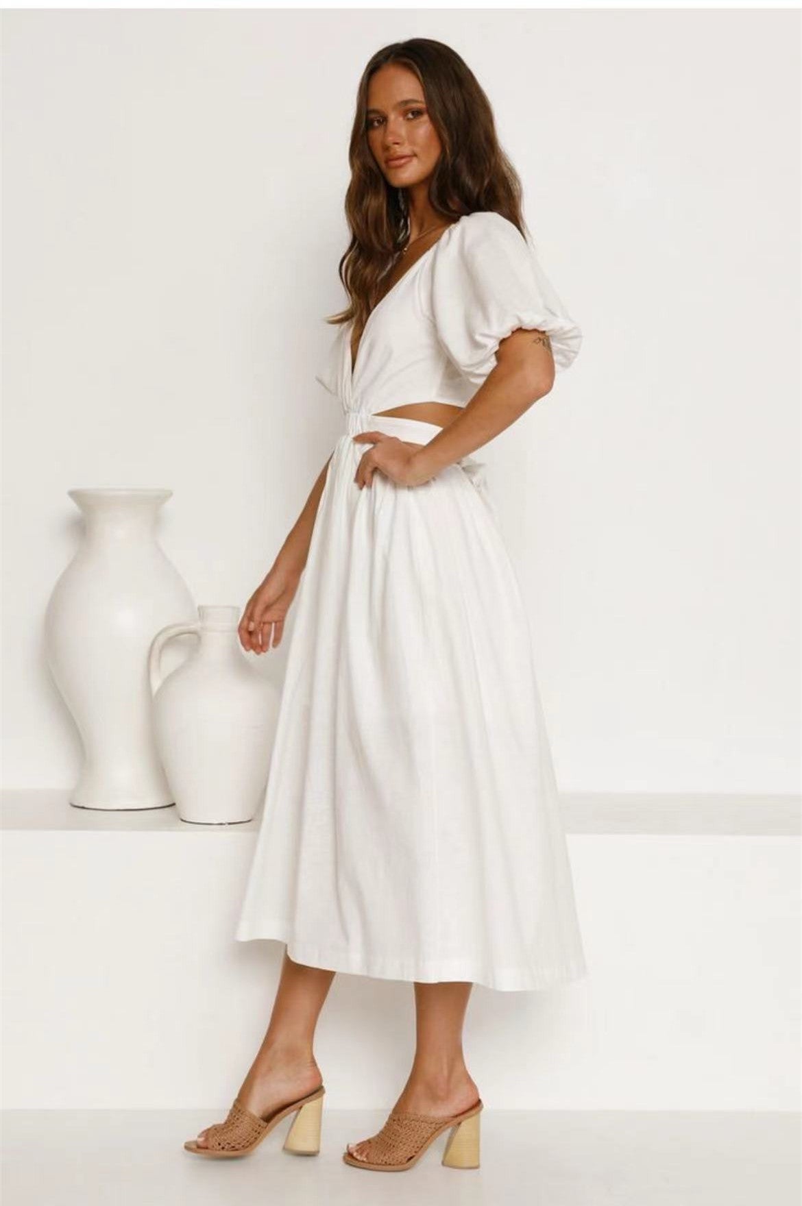 Deep V-Neck Puff Sleeve Side Cut Out Smocked Waist A-Line Midi Dress