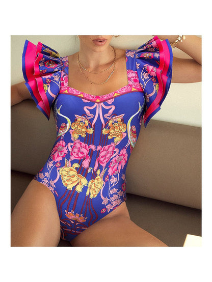 European French Retro Ruffle Swimsuit & Skirt Coord Set