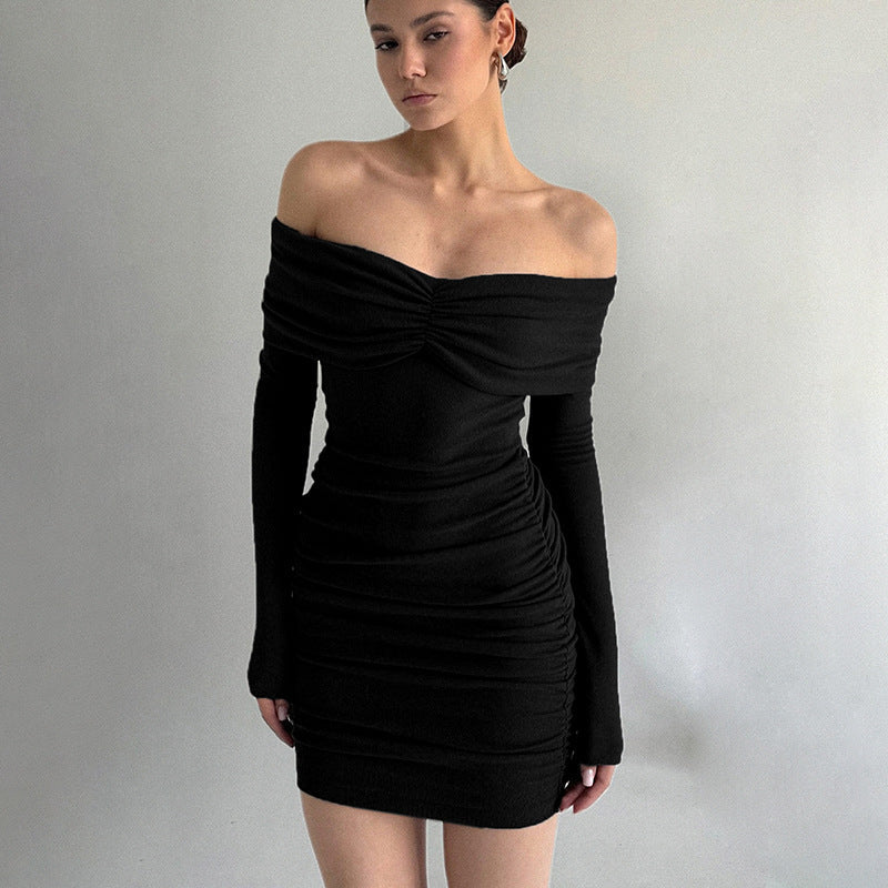 Off-Shoulder Ruched Gathered Bodice Long Sleeve Bodycon Mini Dress