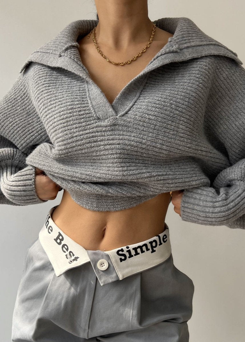 Minimalist Ribbed Collared Knit Sweater