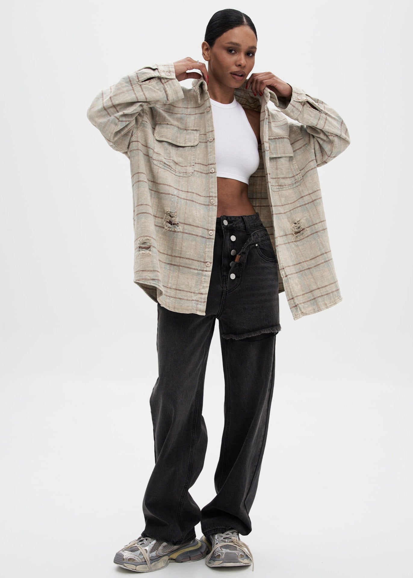 Rowan - Distressed Plaid Oversized Shirt